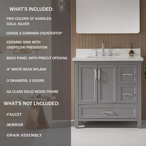 36 in. W x 22 in. D x 35.5 in. H Single Sink Solid Wood Bath Vanity in Gray with White Carrara Marble Top, Soft-Close