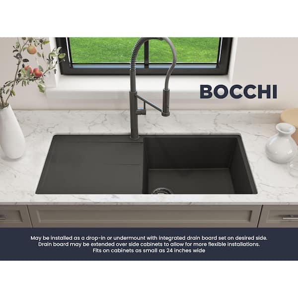 Levanzo Matte Black Granite Composite 20 in./39 in. Single Bowl Drop-In/Undermount Kitchen Sink with Drainboard