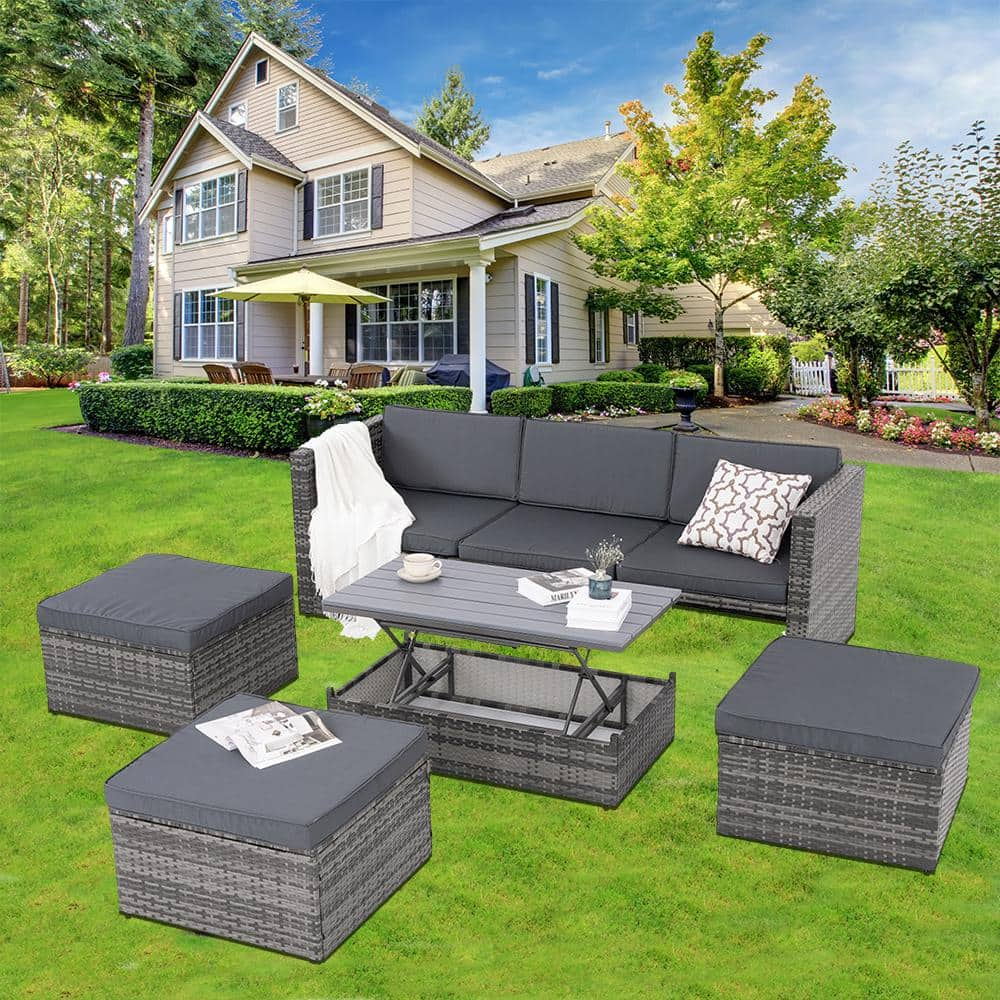 Dark Gray 5-Piece Wicker Outdoor Sectional Set with Lift Top Coffee Table Dark Grey Cushions -  Cesicia, PG25