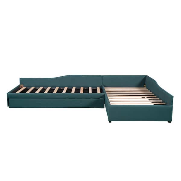 Egerton Green Linen Upholstered Double Twin Size Daybed with Trundle and Drawer