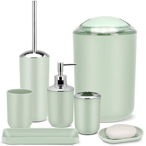 7-Piece Bathroom Set with Trash Can, Toothbrush Holder and Cup, Soap Dispenser and Dish, Toilet Brush, Tray in Green