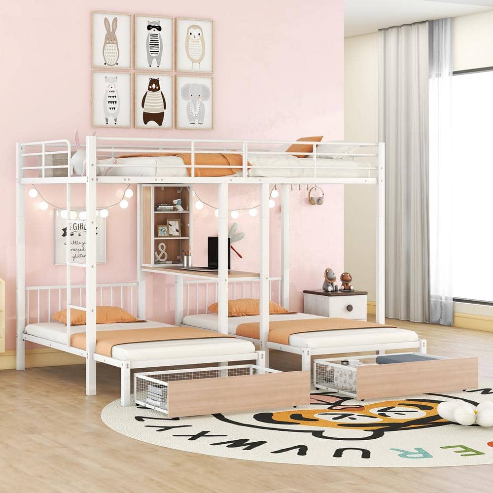 White Metal Triple Bunk Bed with Storage Drawers and Desk