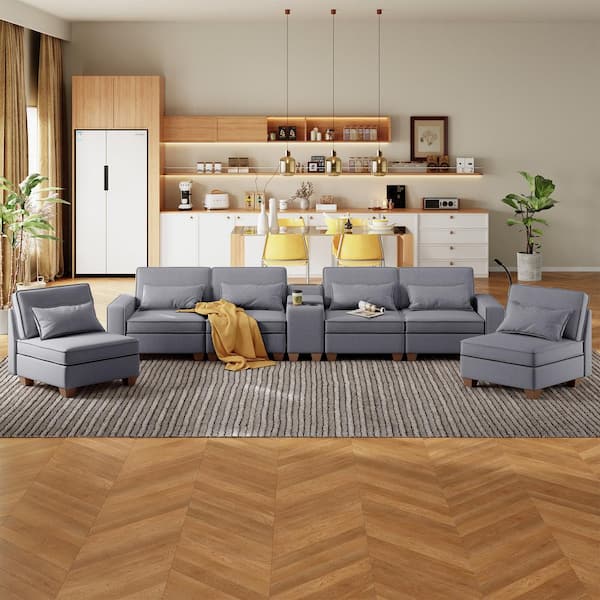 STICKON 123 in. W Square Arm Linen U-Shaped Sofa in Light Grey with Storage Seats and Console