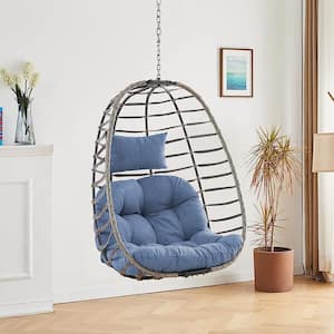 Gray Wicker Patio Swing Hanging Egg Chair with Blue Cushion