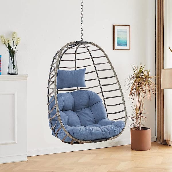 Pocassy Gray Wicker Patio Swing Hanging Egg Chair with Blue Cushion