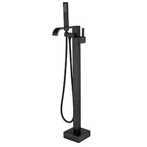 ACA 1-Handle Freestanding Floor Mount Roman Tub Faucet Bathtub Filler Waterfall Style and Hand Shower in Matte black