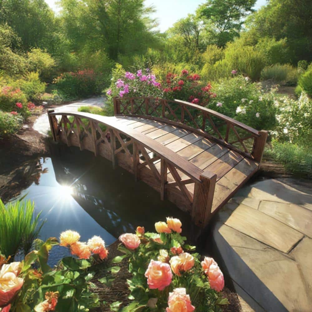 72" Brown Wood Garden Bridge with Cross Halved Lattice Railing