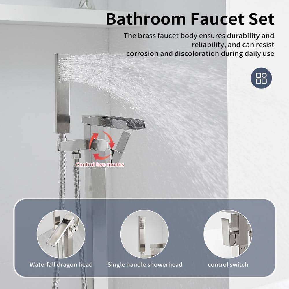 Brushed Nickel Freestanding Waterfall Tub Faucet with Hand Shower