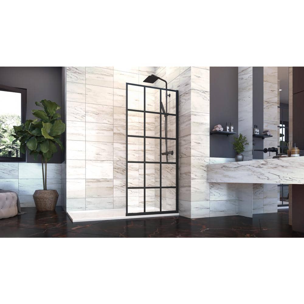 Matte Black Semi-Frameless Grid Patterned Shower Door, 34 x 76 in.
