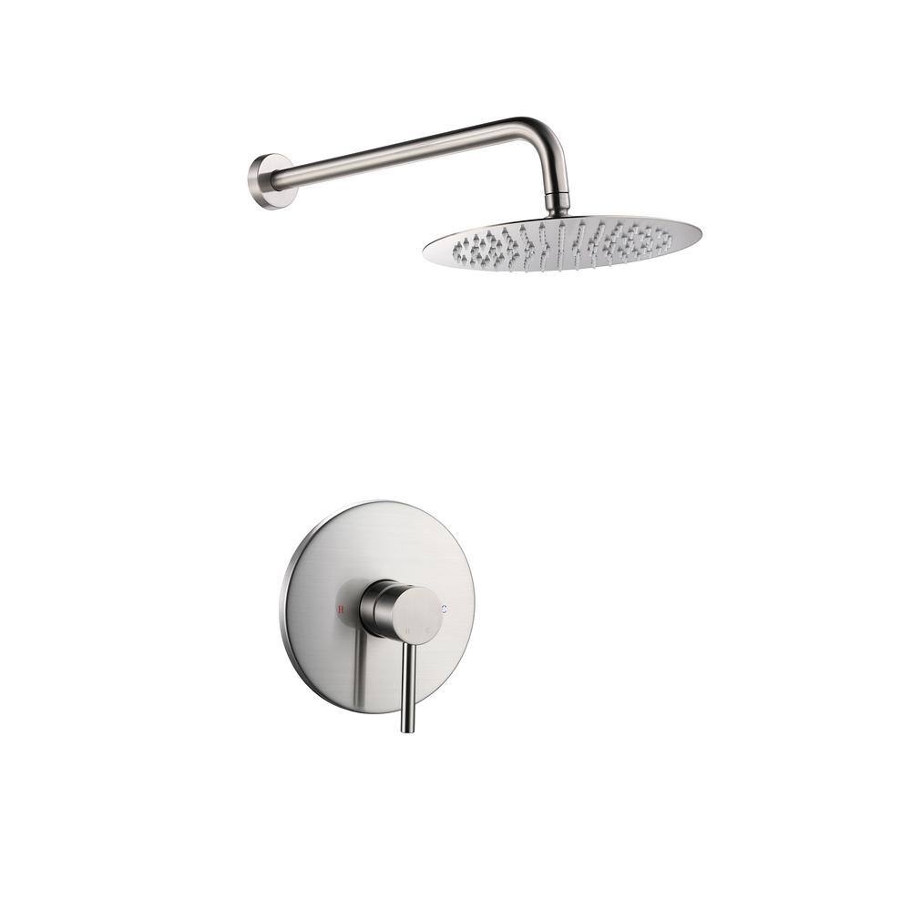 FORCLOVER 1-Spray Patterns with 1.5 GPM 10 in. Wall Mount Rain Fixed Shower Head with Rough-In Valve in Brushed Nickel