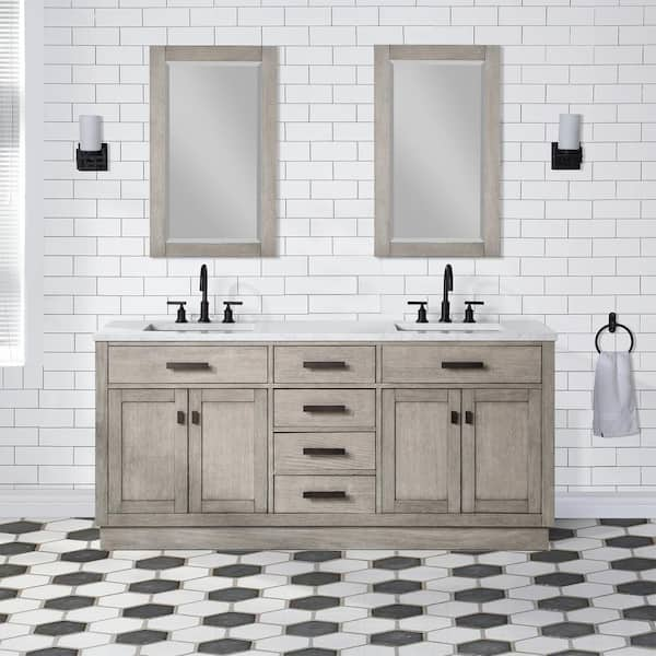 Farmhouse 72 in Double Sink Bathroom Vanity in Grey with Calacatta Gold  Quartz Countertop