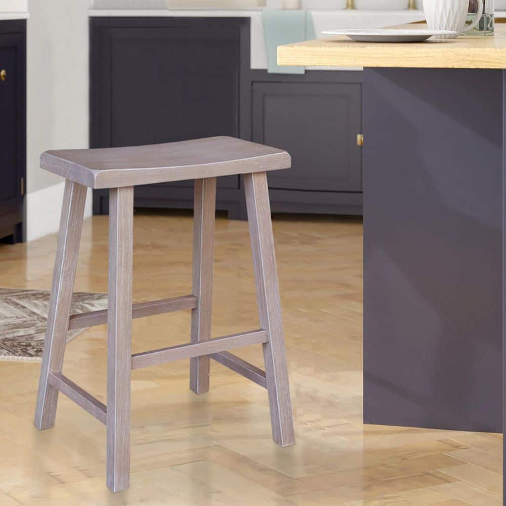 Washed Gray Taupe Solid Wood Saddle Style Counter Stool