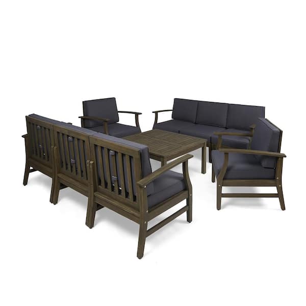 Noble House Perla Grey 9-Piece Wood Outdoor Patio Conversation Set with Dark Grey Cushions