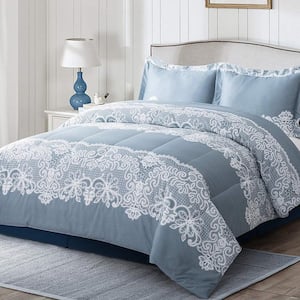 3-Pieces Blue Printed Microfiber Queen Bedding Comforter Set