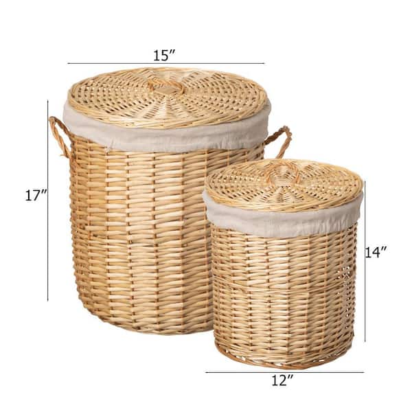 WICKERWISE Set of 2 Round Willow Wicker Laundry Baskets w/ Lids