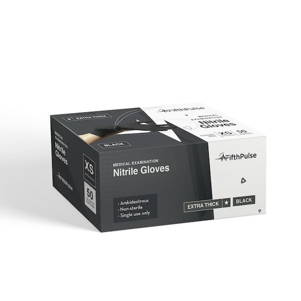 FifthPulse Extra Small Nitrile Exam Latex Free and Powder Free THICKER Gloves - (4 mil) in Black - Box of 50