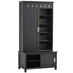 Black Hall Tree with Sliding Doors, Wooden Hallway Shoe Cabinet with Storage Bench and Adjustable Shelves for Entryway