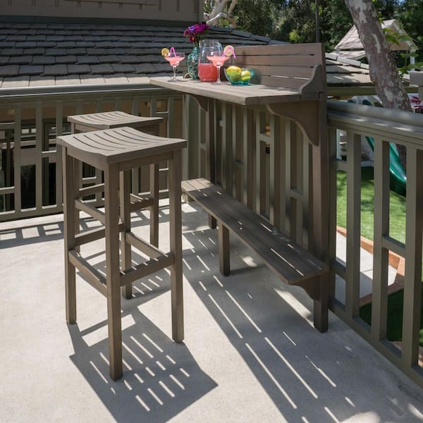 Noble House Gray 3-Piece Wood Rectangular Outdoor Balcony Bar Set