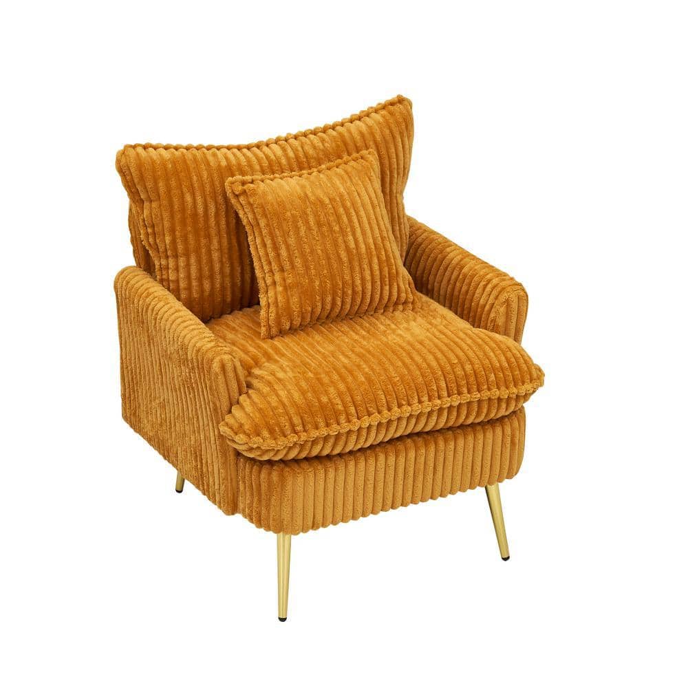 Side angled view of a yellow corduroy accent arm chair on a white background.