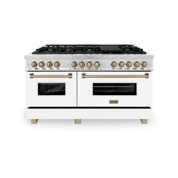 Autograph Edition 60 in. 9 Burner Double Oven Dual Fuel Range in Stainless Steel, White Matte and Champagne Bronze