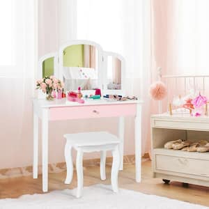 White Kids Vanity Princess Make Up Dressing Table with Tri-folding Mirror and Chair