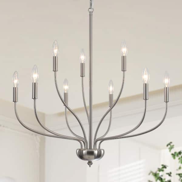 9-Light Modern Nickel Candle Chandelier Light Fixture for Kitchen Island