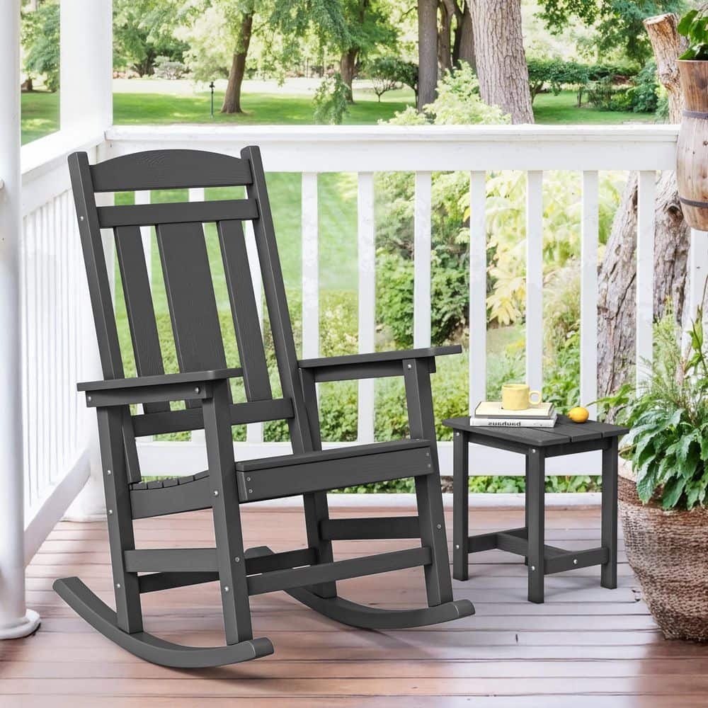 Corlekala Dark Gray Plastic Adirondack Outdoor Rocking Chair Porch
