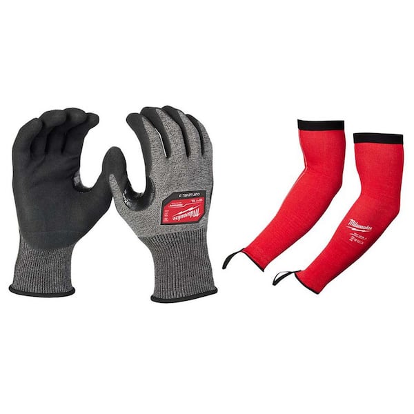 Milwaukee X-Large HIGH DEX NITRILE CUT 3 GLOVES with 16 in. Red 4-Way Stretch Cut 3 Resistant Protective Arm Sleeves