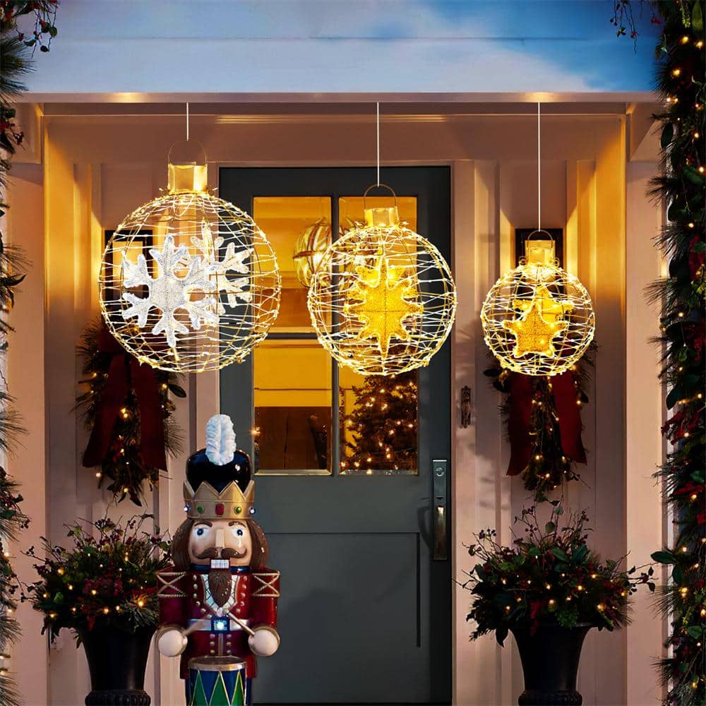 Gold Pre-Lit Christmas Lantern Balls with LED Lights, Set of 3