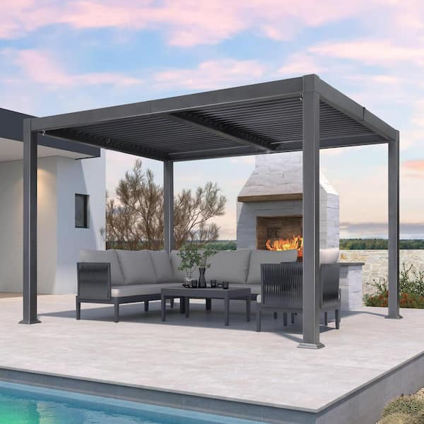PURPLE LEAF 10 ft. x 12 ft. Gray Aluminum Outdoor Patio Louvered Pergola Hardtop Gazebo with Adjustable Sunshade Roof for Garden