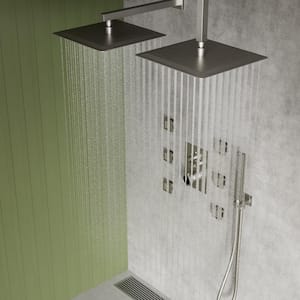 Thermostatic Valve 15-Spray 12 in. Ceiling Mount Dual Shower Head and Handheld Shower 6-Jets in Brushed Nickel
