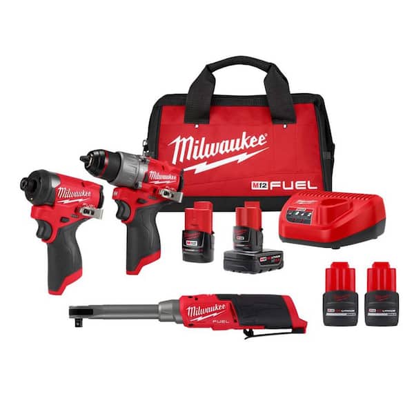 Milwaukee M12 FUEL 12V Cordless 2-Tool Combo Kit w/M12 FUEL 3/8 in. Extended Reach High Speed Ratchet & (2) HO 2.5 Ah Batteries