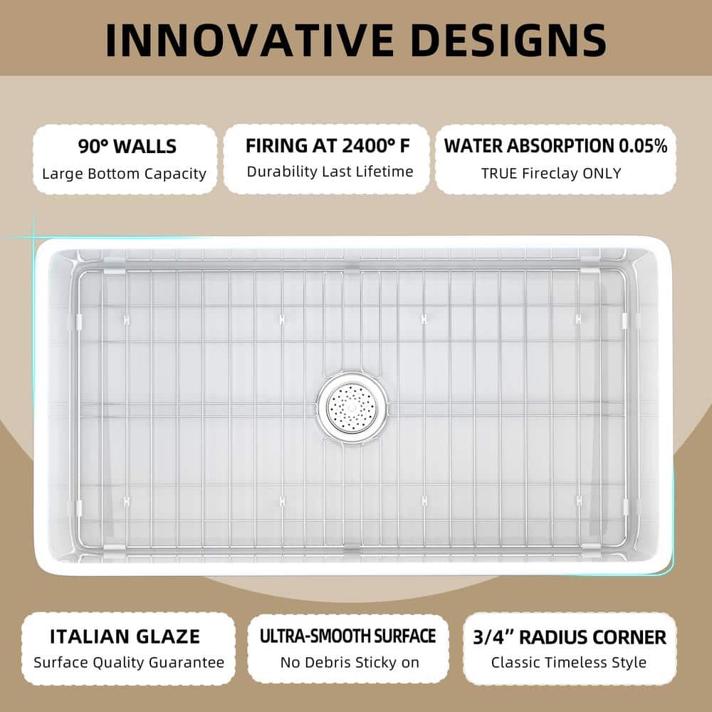 33" White Fireclay Farmhouse Apron-Front Kitchen Sink with Accessories