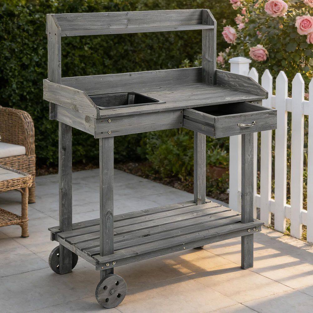 Gray Wooden 2 Removable Wheels Potting Bench Table with Sink and Drawer price history on PriceWatchPro
