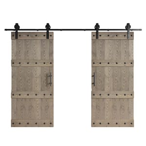 72 in. x 84 in. Castle Series Embossing Light Gray Knotty Wood Double Sliding Barn Door with Hardware Kit