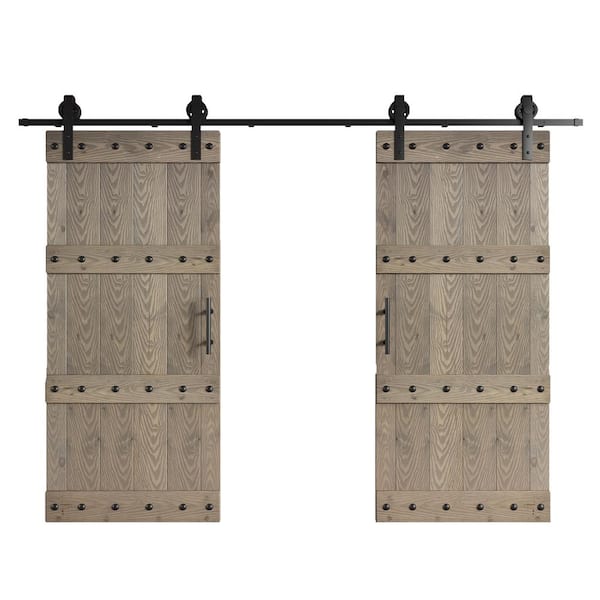 COAST SEQUOIA INC 72 in. x 84 in. Castle Series Embossing Light Gray Knotty Wood Double Sliding Barn Door with Hardware Kit