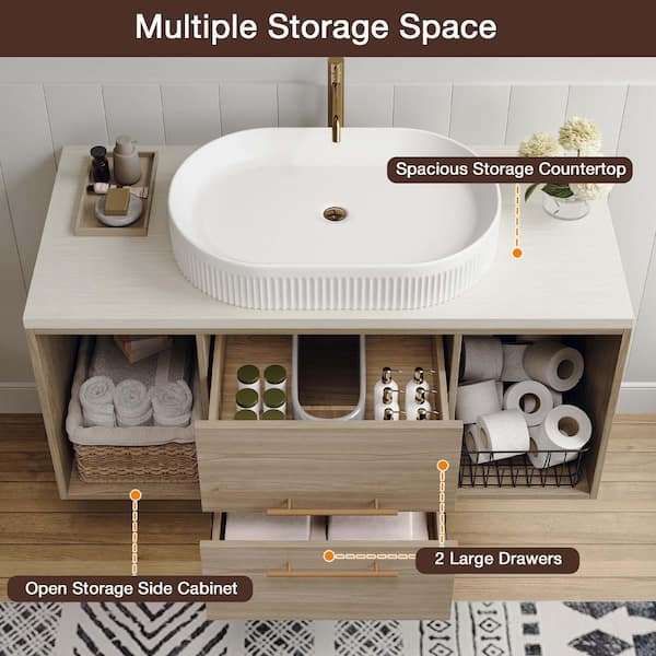 40 in. Single Sink Wall Mounted Oak Bath Vanity with White Solid Wood Top and Ceramic Vessel Sink Requires Assembly​