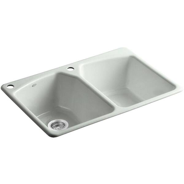 KOHLER Tanager Drop-in Cast-Iron 33 in. 2-Hole Double Bowl Kitchen Sink in Sea Salt