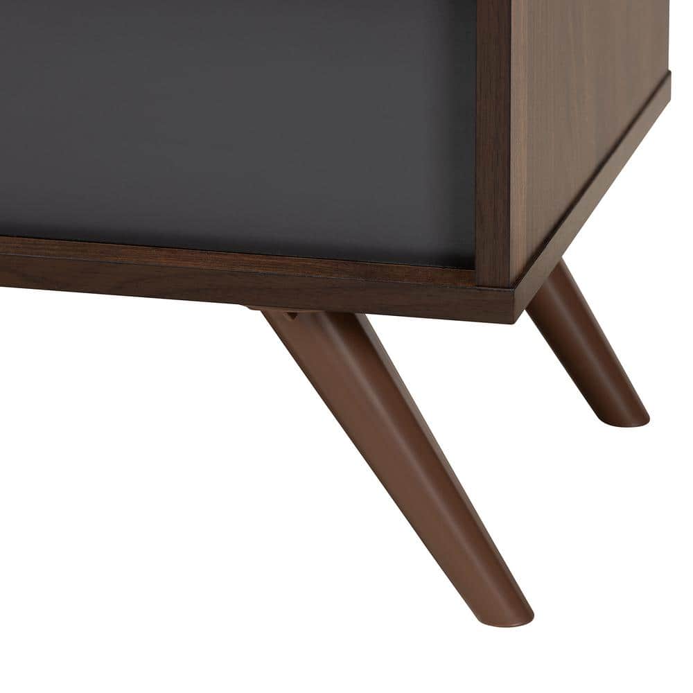 Gray and Walnut Wood TV Stand with Drop-Down Compartments