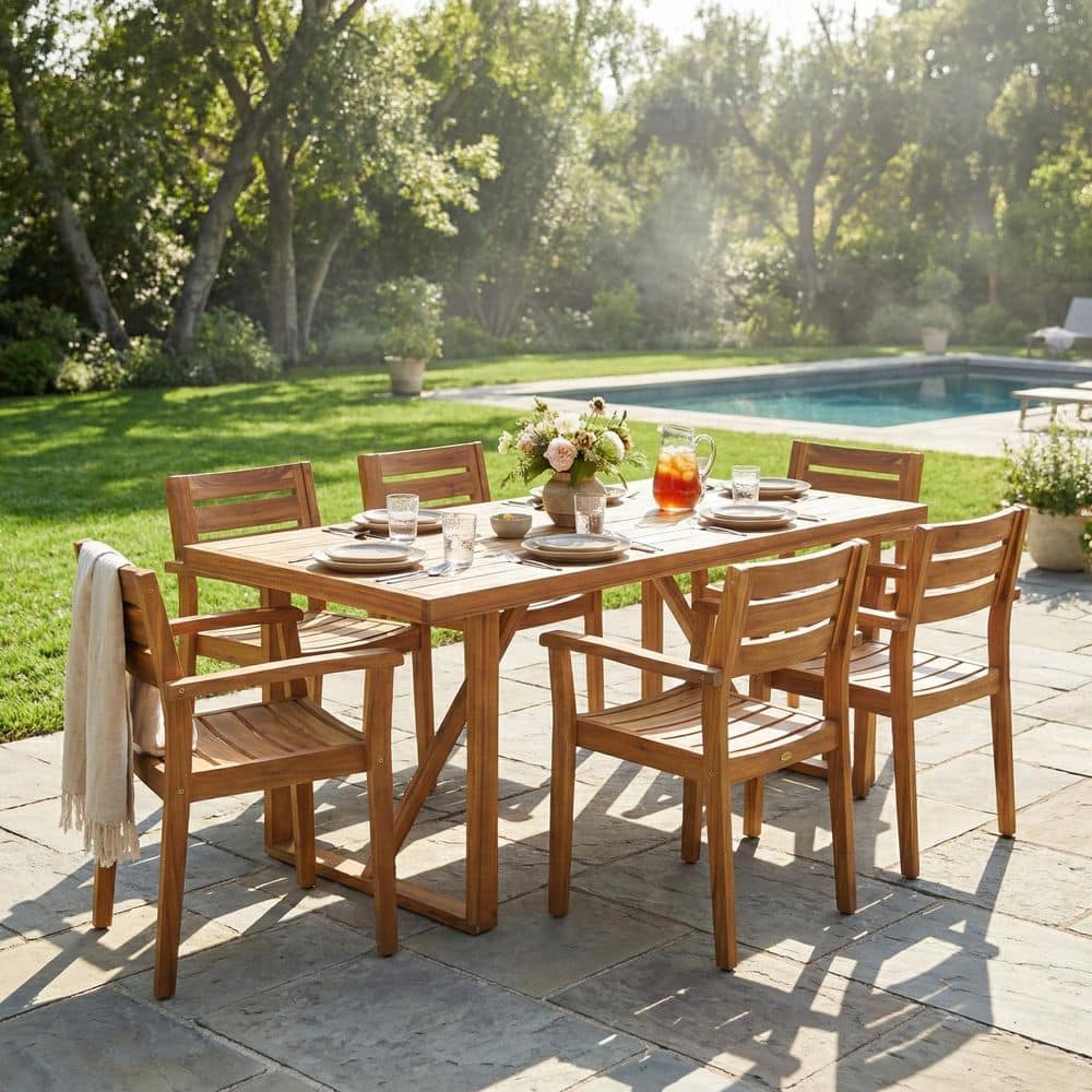 Sylvion 7-Piece Teak Finish Acacia Wood Rectangular Patio Outdoor Dining Set with 6 Armchair Chairs price history on PriceWatchPro