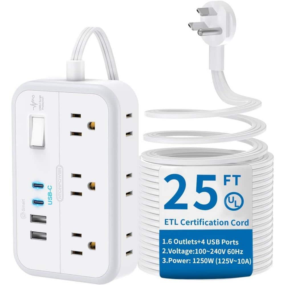 25' Flat Plug Extension Cord, Surge Protector Power Strip with 6 Widely Outlets, 4 USB Ports (2 USB-C) and Wall Mounted price history on PriceWatchPro