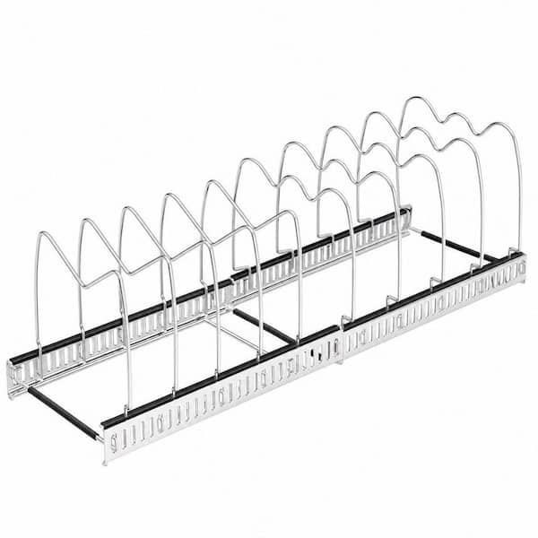Silver Expandable Iron Freestanding Pot Rack 12 Adjustable Dividers Cutting Board Holder and Anti-Scratch Strips