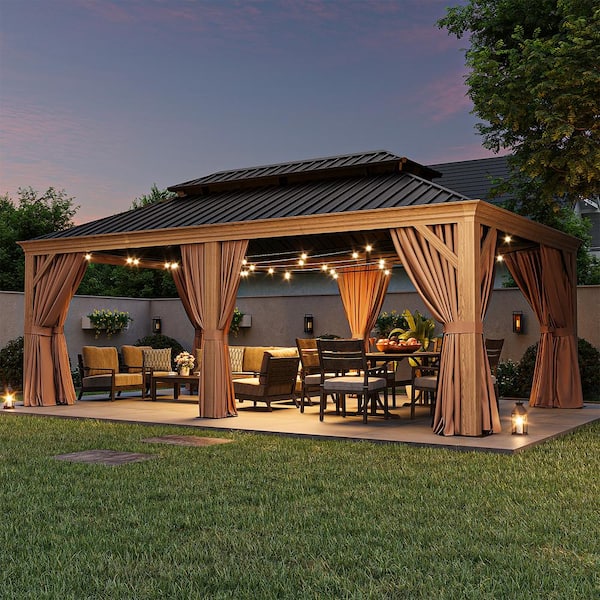 Sizzim 20 ft. x 12 ft. Wood Grain Double Galvanized Steel Roof Hardtop Gazebo with Ceiling Hook, Curtains and Netting