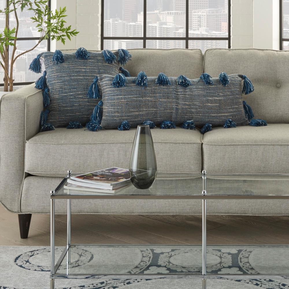 Navy Woven Cotton Throw Pillow with Tassels, 18" x 18"