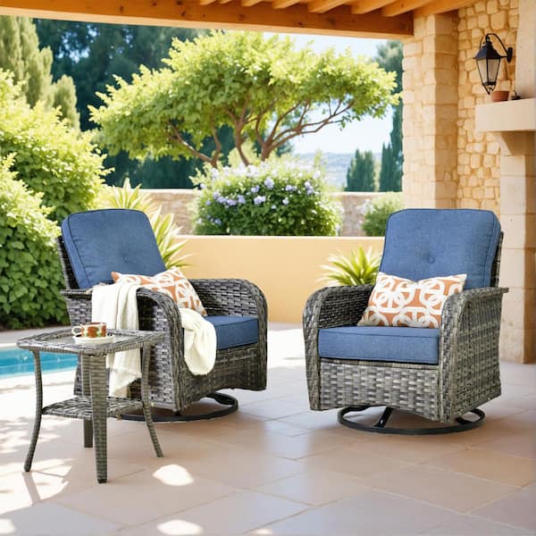 Galene Gray 3-Piece Wicker Outdoor Patio Conversation Swivel Rocking Chair Seating Set with Denim Blue Cushions