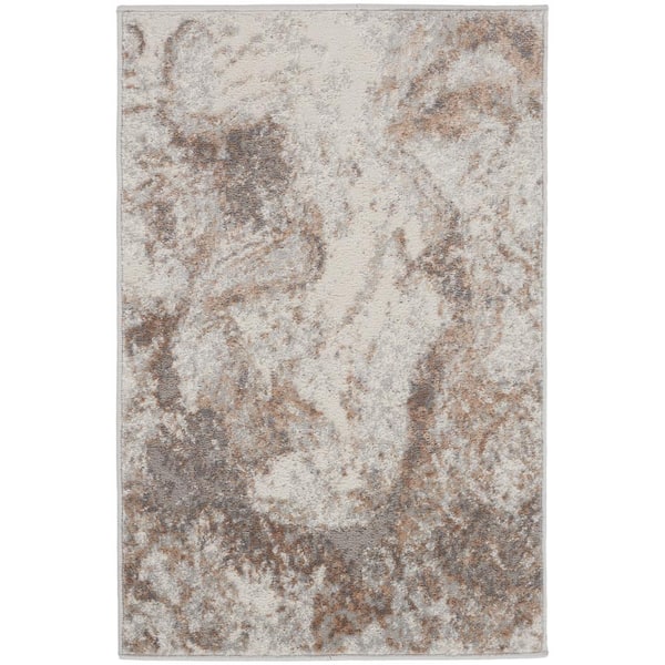 Nourison Elation Ivory Grey doormat 2 ft. x 3 ft. Floral Medallion Contemporary Kitchen Rug