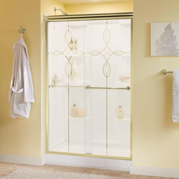 Delta Crestfield 48 in. x 70 in. Semi-Frameless Traditional Sliding Shower Door in Brass with Tranquility Glass