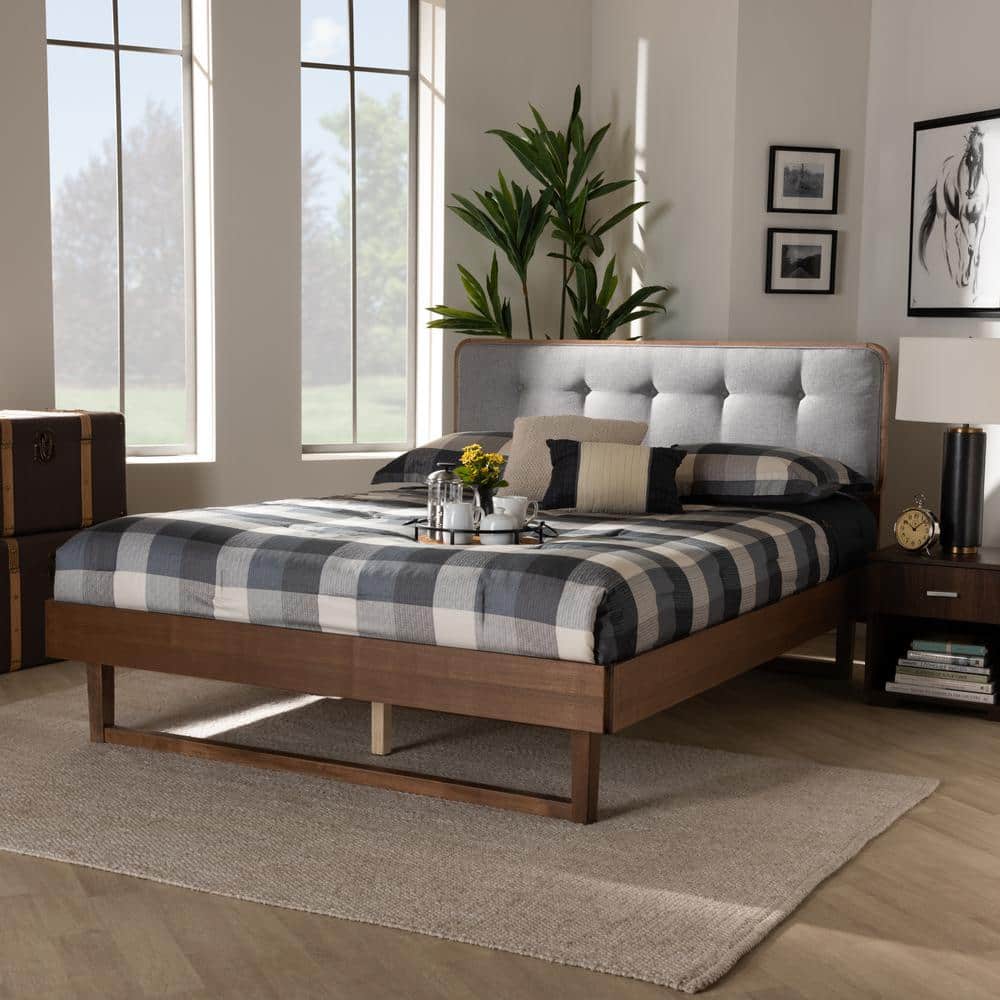 Giada Ash Walnut & Light Grey Fabric Full Bed with Tufted Headboard