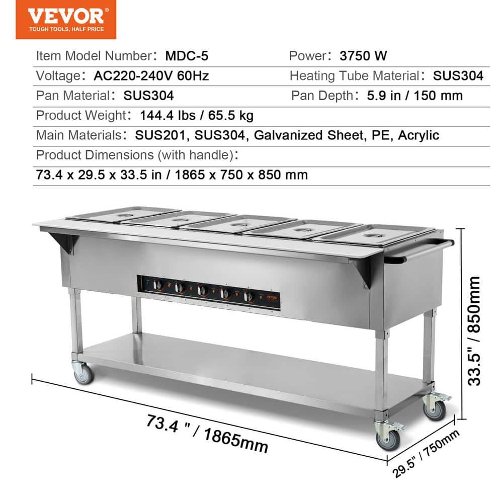 Stainless Steel 5-Pan Commercial Electric Food Warmer with Wheels