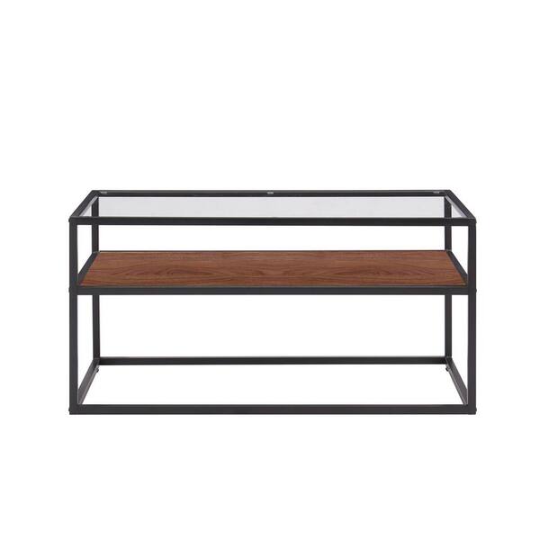 Aoibox 40.16 in. W 2-Tier Rectangle Glass Coffee Table Modern Center Table with Black Metal Frame & Walnut/Cement Ash Shelf